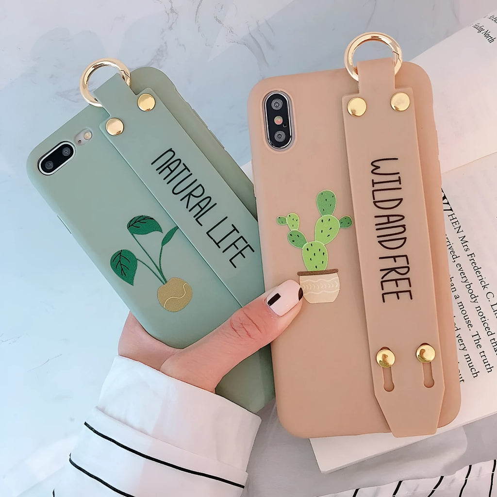 Green graffiti pattern wristband holder phone case for iPhone models showing back cover design