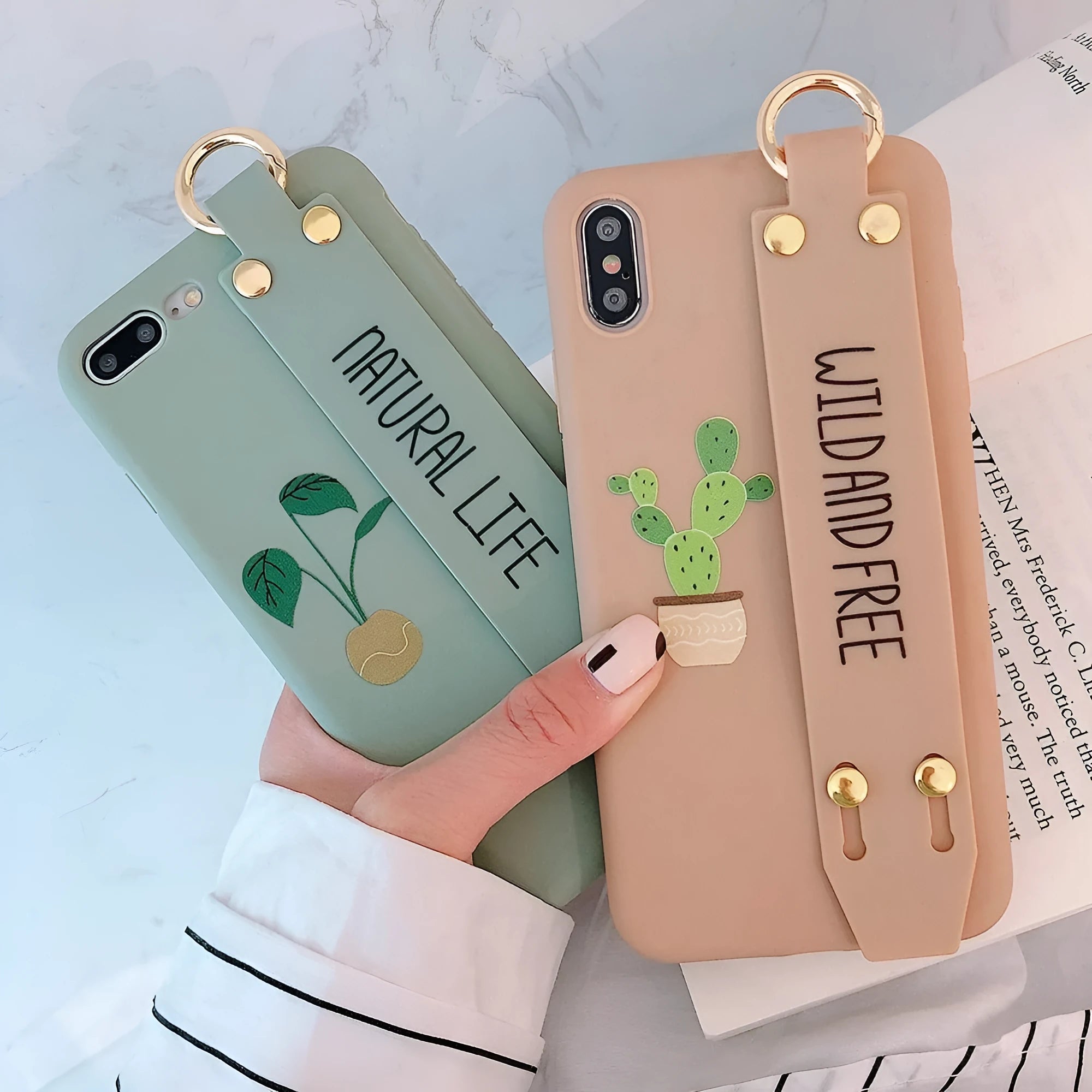 Green graffiti pattern wristband holder phone case for iPhone models showing back cover design