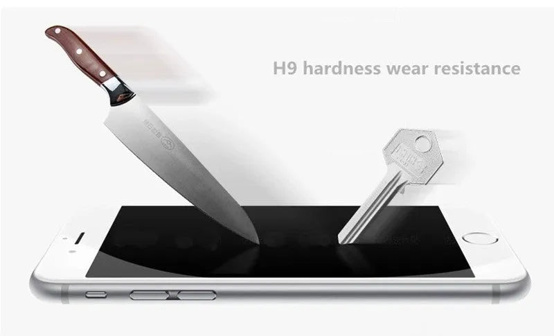 Tempered glass screen protector with 9H hardness for smartphones on a clean surface.