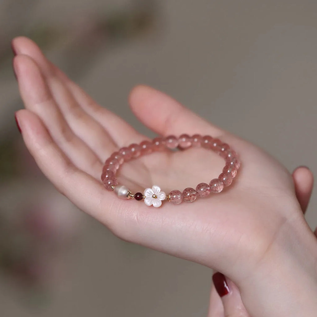 Strawberry quartz peach blossom crystal bracelet with flower design for women