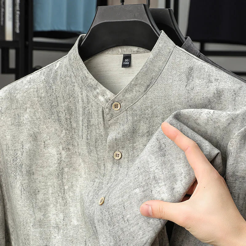 Men's loose fit linen blend stand collar shirt in cardigan style, solid colour options Black Grey or White Grey