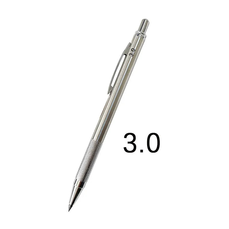 Metal automatic mechanical pencil showing barrel detail and lead size options from 0.5mm to 2.0mm