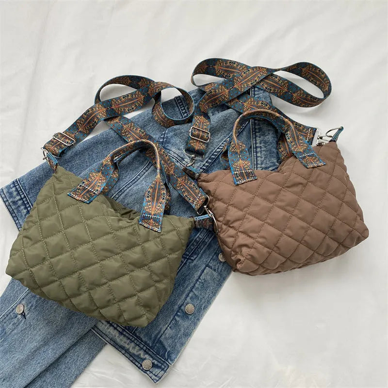 Oxford cloth shoulder messenger bag in horizontal square shape with sandwich pocket and single strap