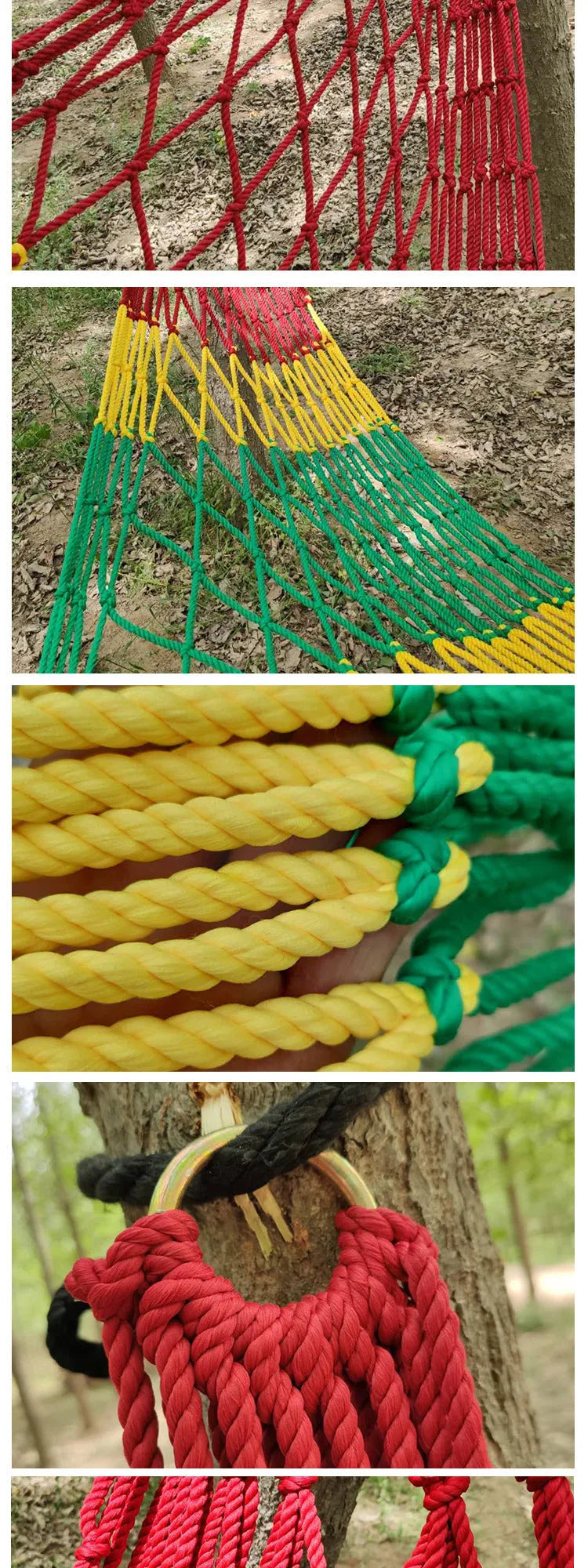 Nylon rope mesh hammock hung between trees showing open weave pattern and included tying ropes