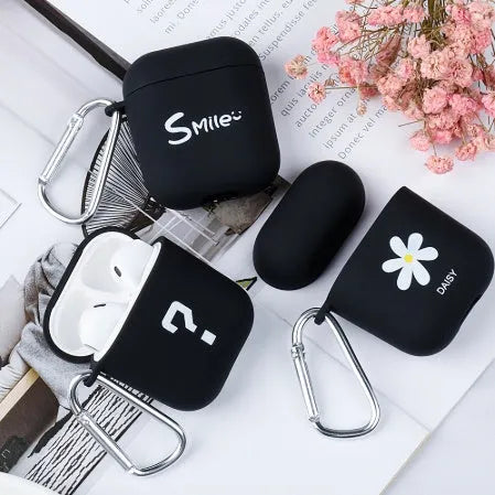 Black and pink PC AirPods case covers with removable flower love smile face decorative inserts
