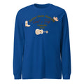 Men's solid blue loose-fitting round neck polyester sweater with printed detail on front.