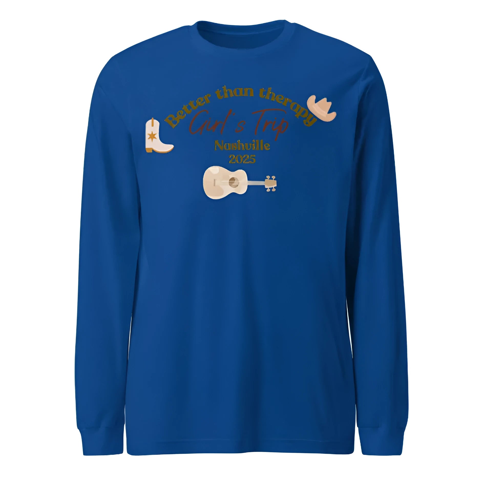 Men's solid blue loose-fitting round neck polyester sweater with printed detail on front.