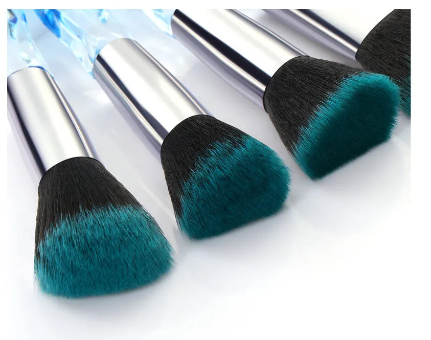 Set of 10 crystal handle foundation brushes with artificial fibre bristles in four colour options