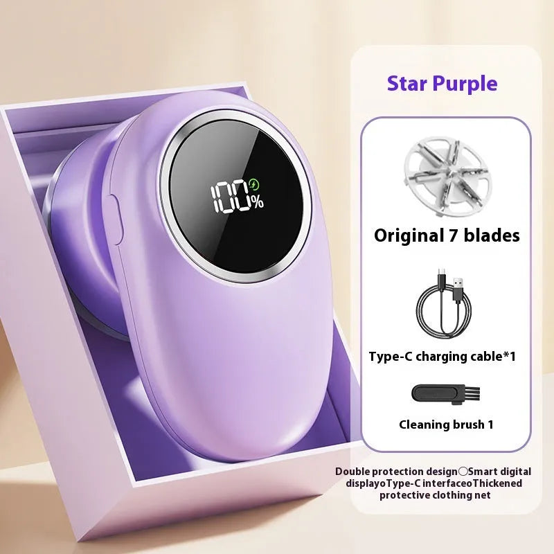 USB rechargeable fur ball trimmer with digital display, shown in beige and purple colour options with multiple cutter head configurations.