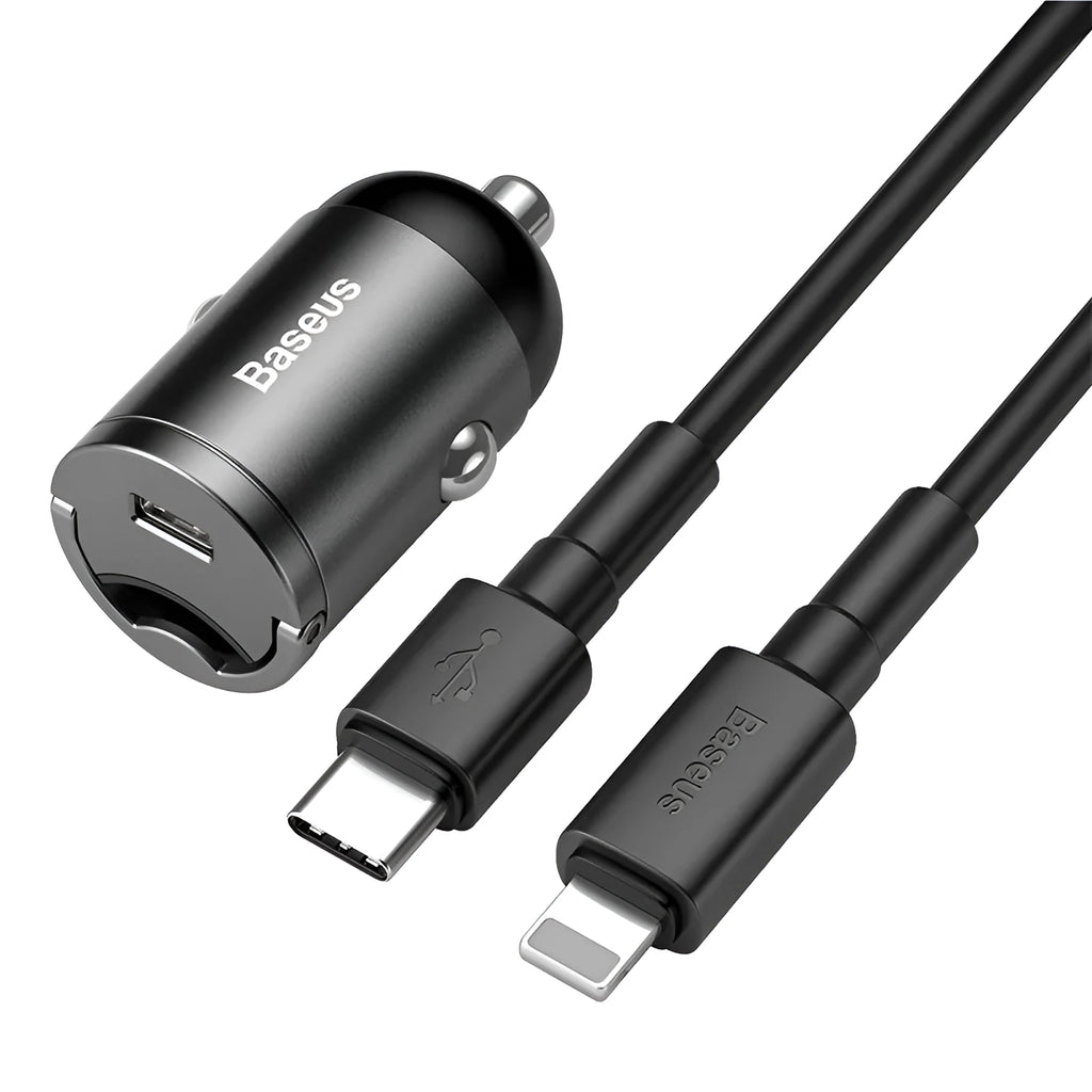Baseus Huixiaoxing electro-optical grey 30W mini car charger with single USB port and cable.