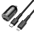 Baseus Huixiaoxing electro-optical grey 30W mini car charger with single USB port and cable.