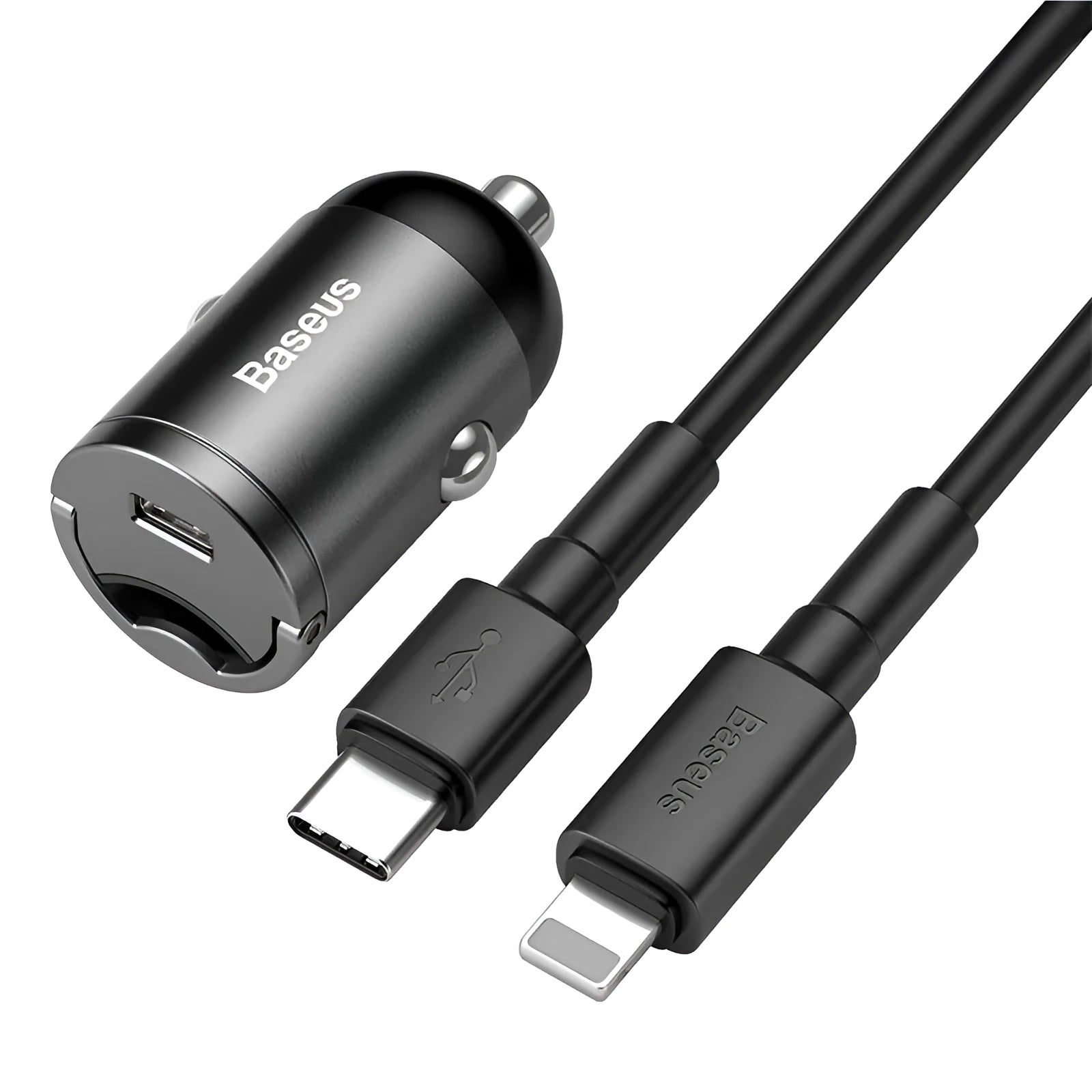 Baseus Huixiaoxing electro-optical grey 30W mini car charger with single USB port and cable.