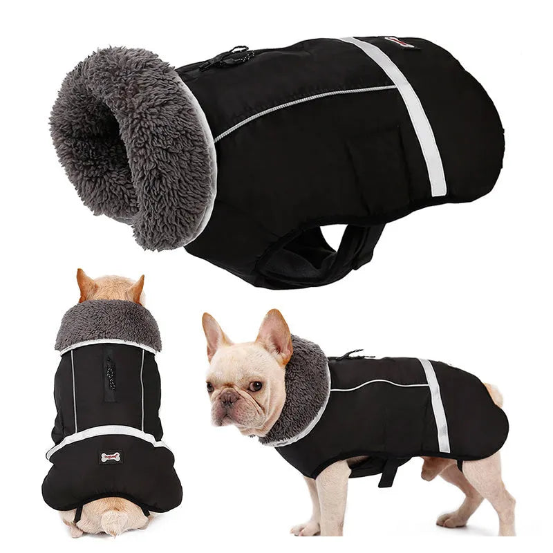 Thick warm dog vest in black waterproof nylon with reflective strips