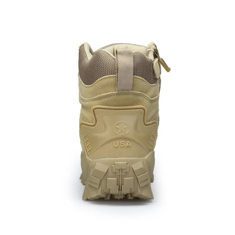 Men's black US Army Delta tactical boots with rubber sole on a rocky outdoor surface.