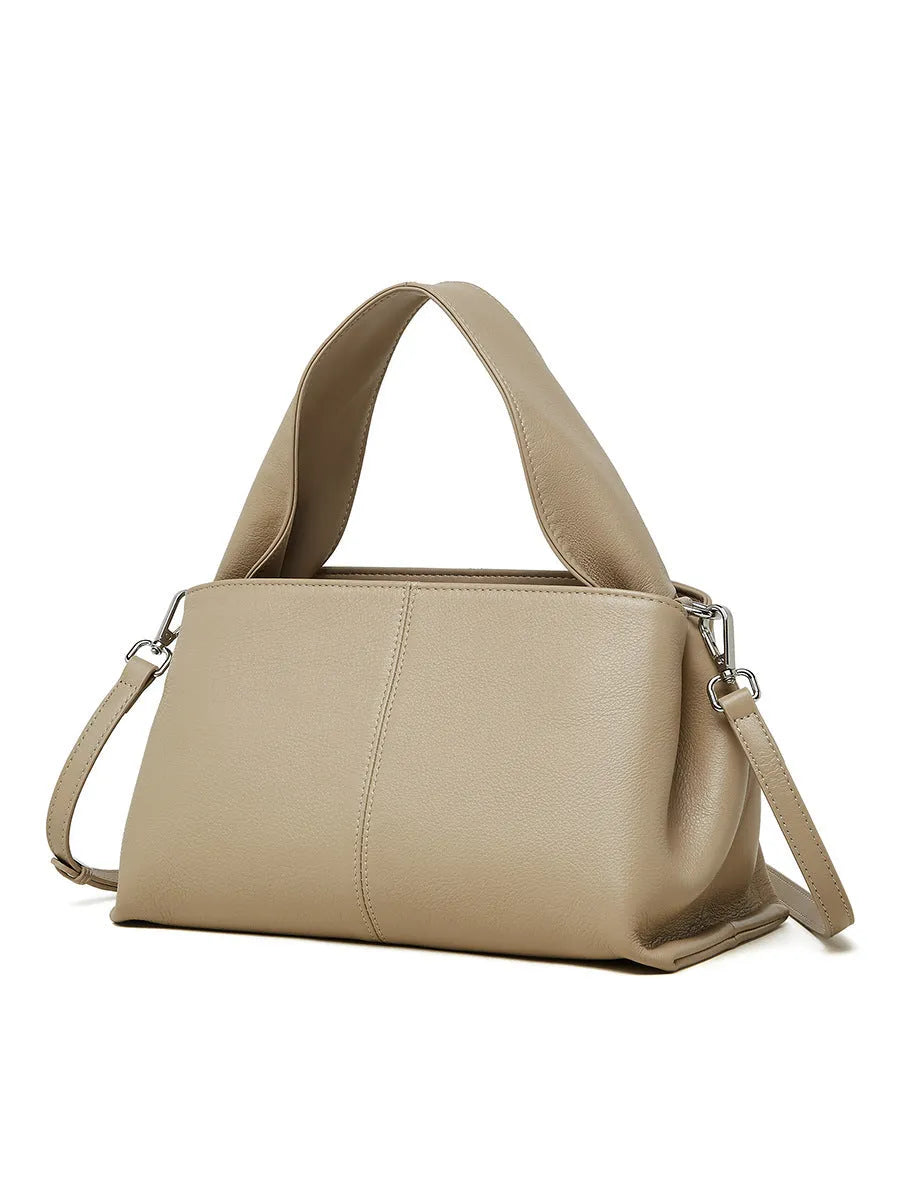 Women's genuine cowhide leather messenger bag with double shoulder straps in horizontal square shape