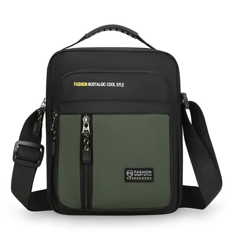 Men's nylon crossbody messenger bag with sewing thread detailing in green colour
