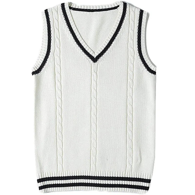 Women's slim fit black acrylic V-neck waistcoat sweater with white striped stitching detail.