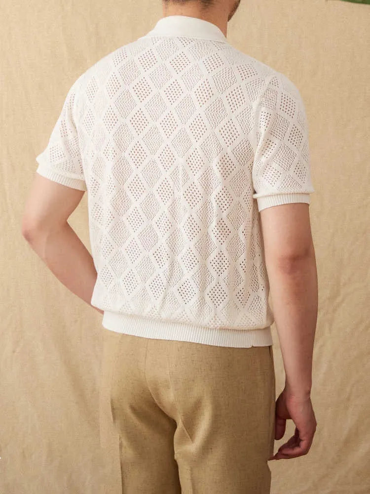 Light brown cotton short sleeve cardigan with zip front and lapel collar laid flat