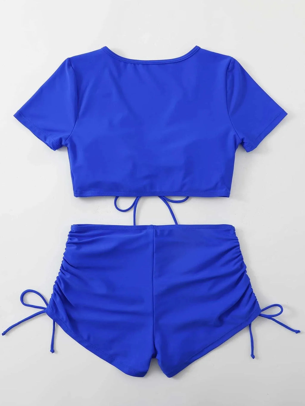 Lady lace-up bow front swimsuit set with matching shorts in multiple colour options