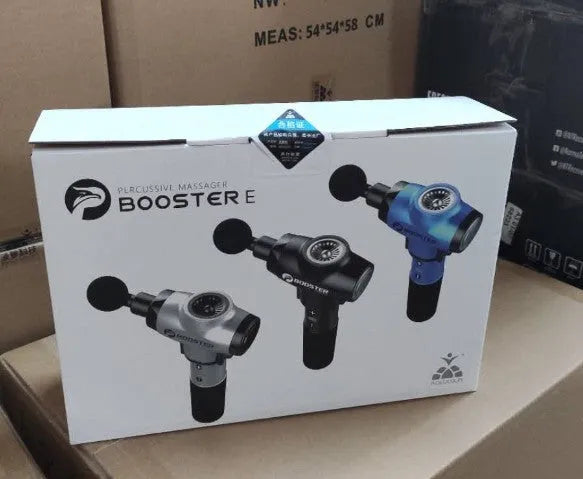Black and white handheld percussion massage gun with 12mm stroke depth.
