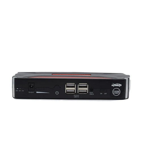 Black and red 12V vehicle emergency jump starter power pack with 7800mAh battery