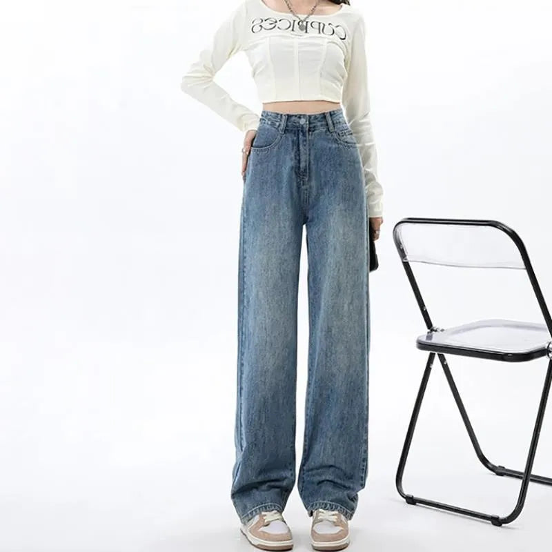 Retro blue women's wide leg jeans with high waist and straight leg styling