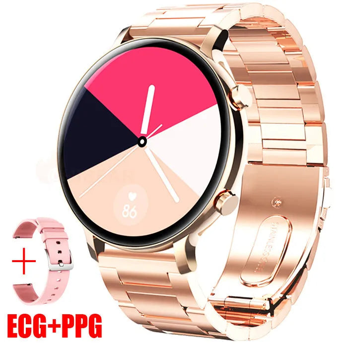 Bluetooth smartwatch with stainless steel strap showing call and heart rate functions on screen