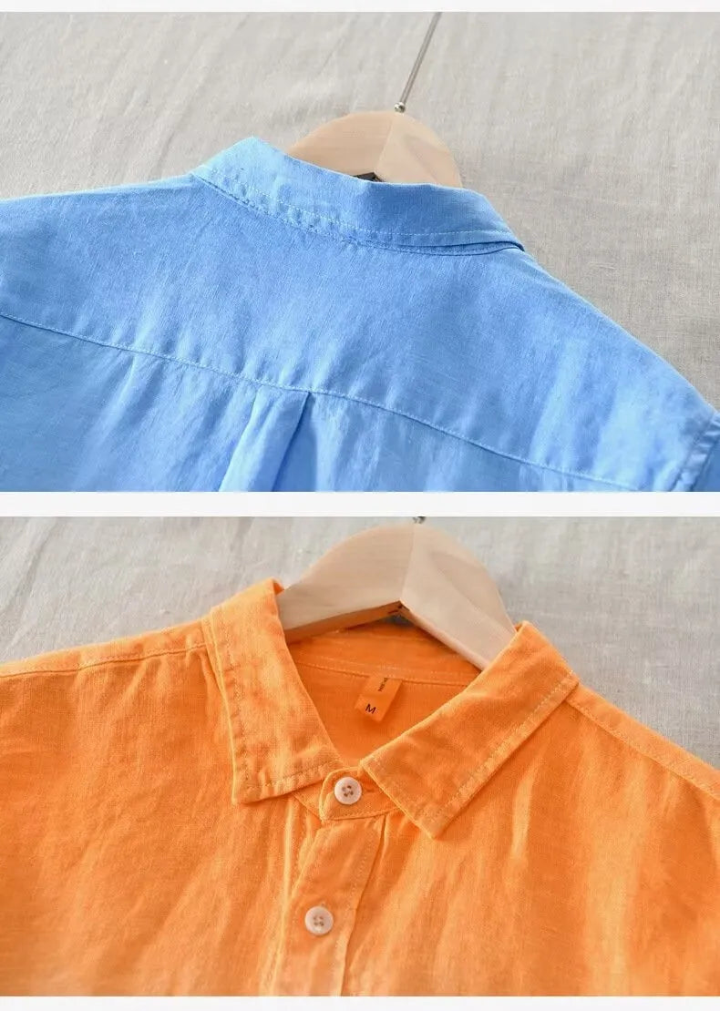 Men's loose fit casual top coat in hemp polyester blend available in dark blue, light blue, yellow.