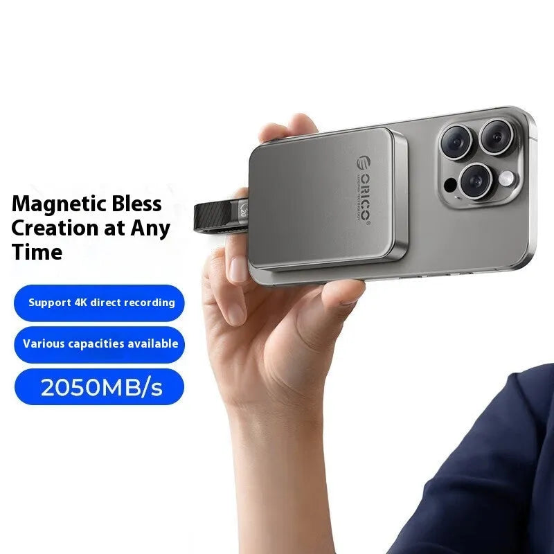 Grey magnetic mobile solid state drive with ultra-thin 80x60x11.2mm dimensions showing alloy plastic construction