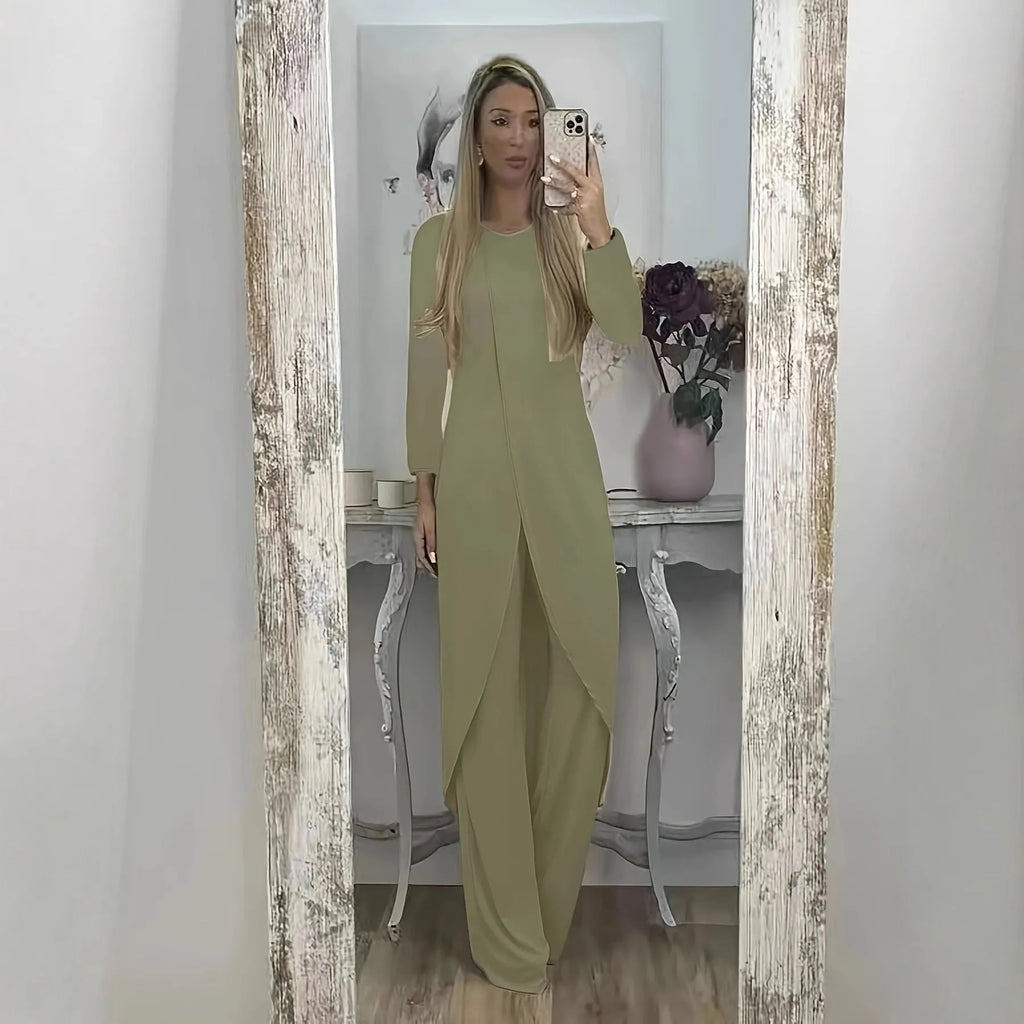 A loose-fitting long sleeve two-piece lounge set in polyester, shown in khaki colour, consisting of a round-neck top and matching trousers.