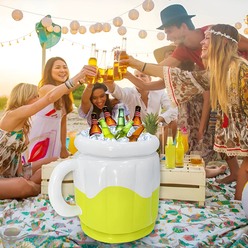 Yellow inflatable PVC ice bucket for cooling beer steins at outdoor events