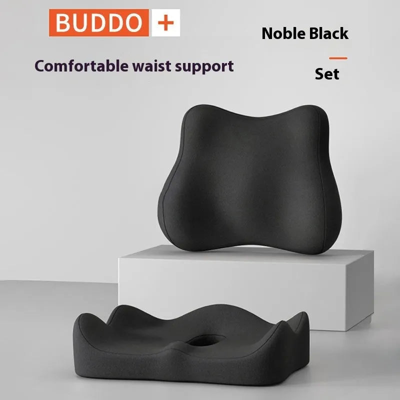 Memory foam seat cushion with waist rest for office sitting support in grey and black colour combination