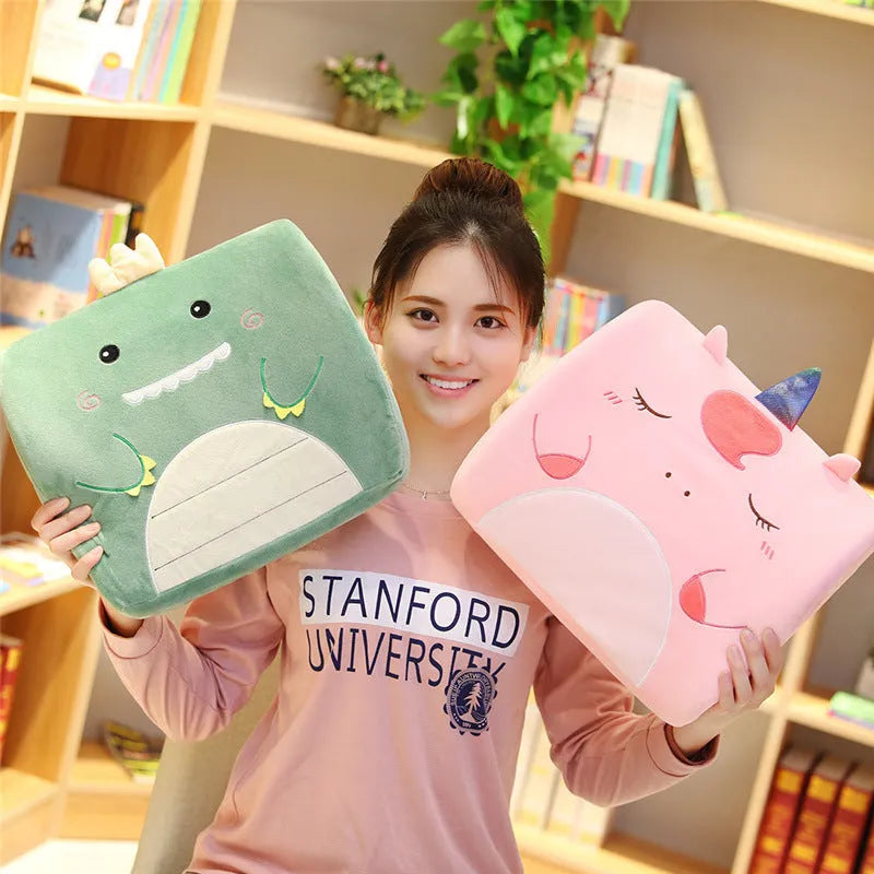 Cartoon-themed car seat cushion with memory foam core and removable cover in various designs like Pink Unicorn and Gray Cat.