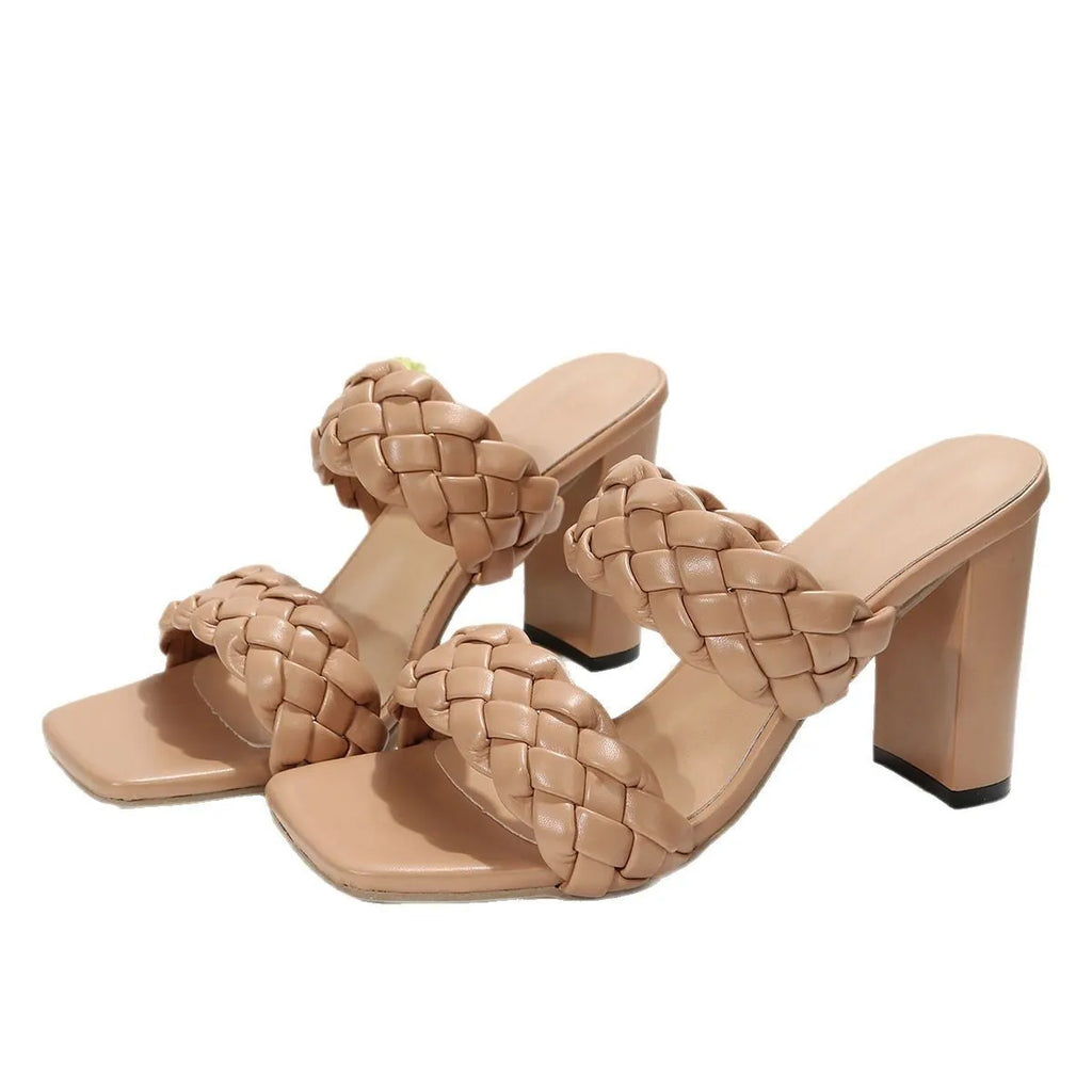 Women's square toe flip flops with chunky heel and woven twisted strap in white and apricot colours.