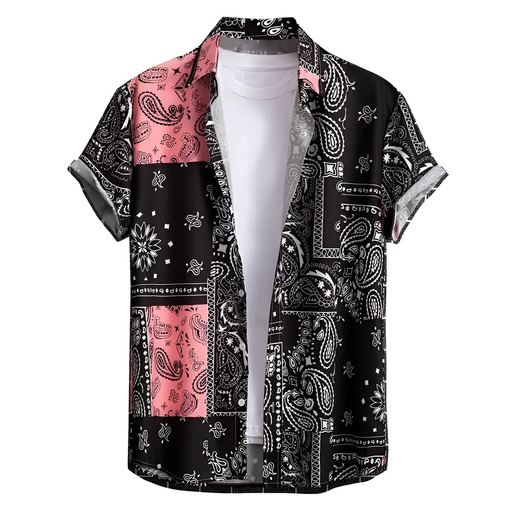 Men's slim fit Hawaiian short sleeve shirt in a digitally printed pattern.
