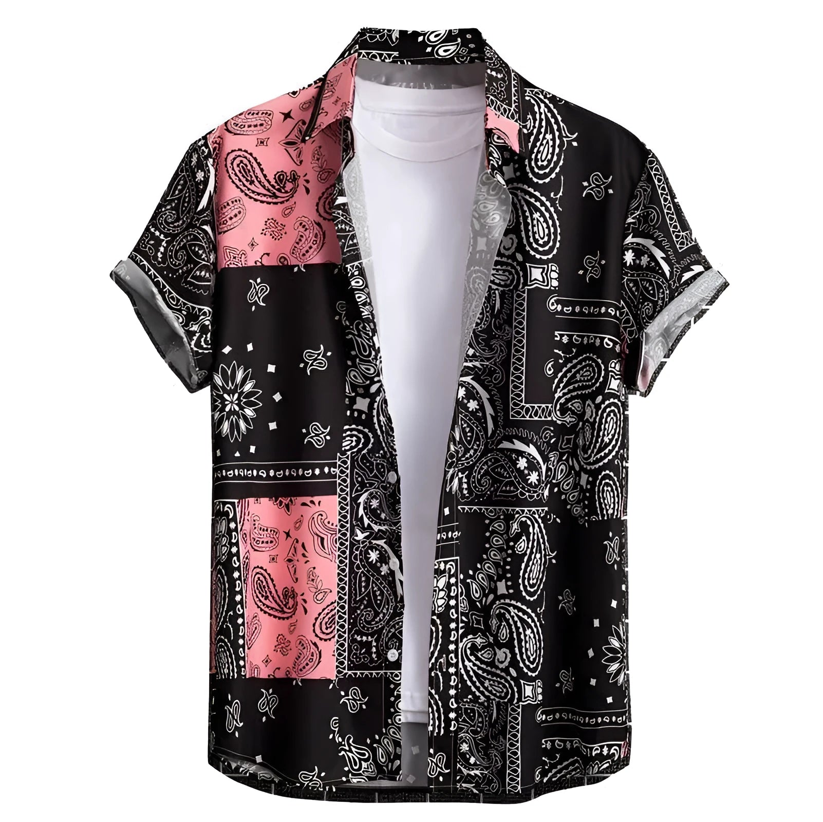 Men's slim fit Hawaiian short sleeve shirt in a digitally printed pattern.