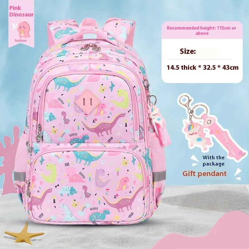 Blue children's waterproof school backpack with dinosaur pattern and curved shoulder straps on a white background.
