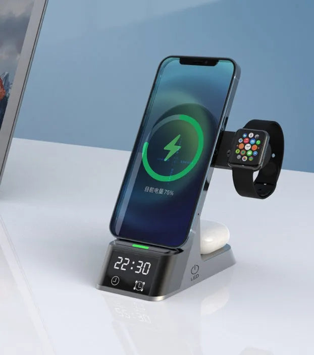 Black six-in-one wireless charging alarm clock with Apple Watch charging pad and USB port