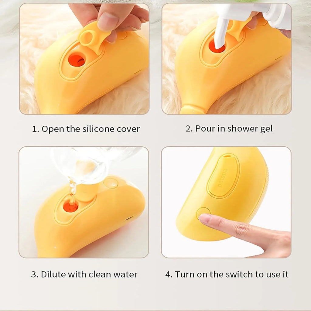 Rechargeable 3-in-1 cat steam brush with silicone teeth in green or yellow colour