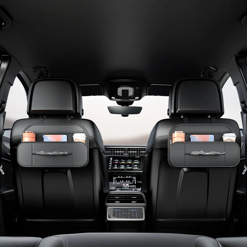 Black leather car seat rear storage bag measuring 36cm wide with customisable compartments