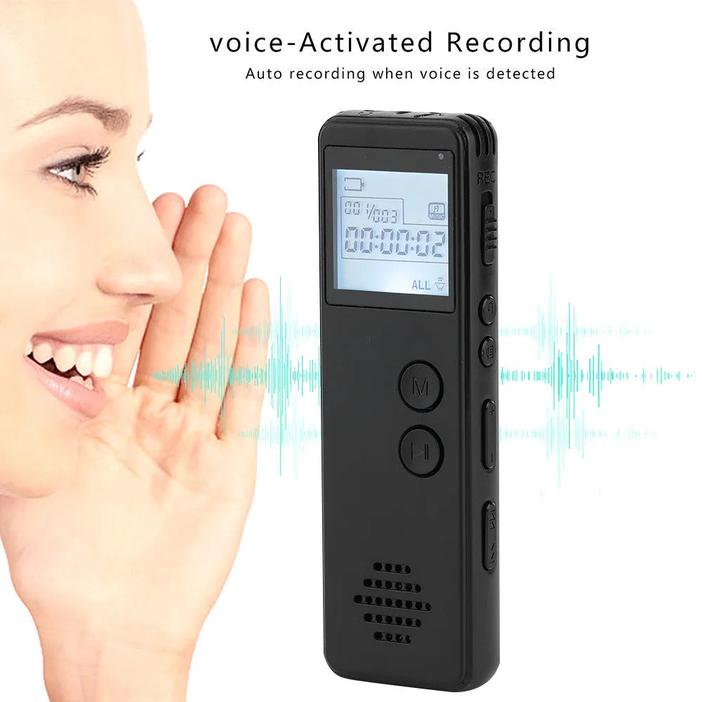 Black MP3 digital voice recorder with matte finish, 88mm long with screen and buttons
