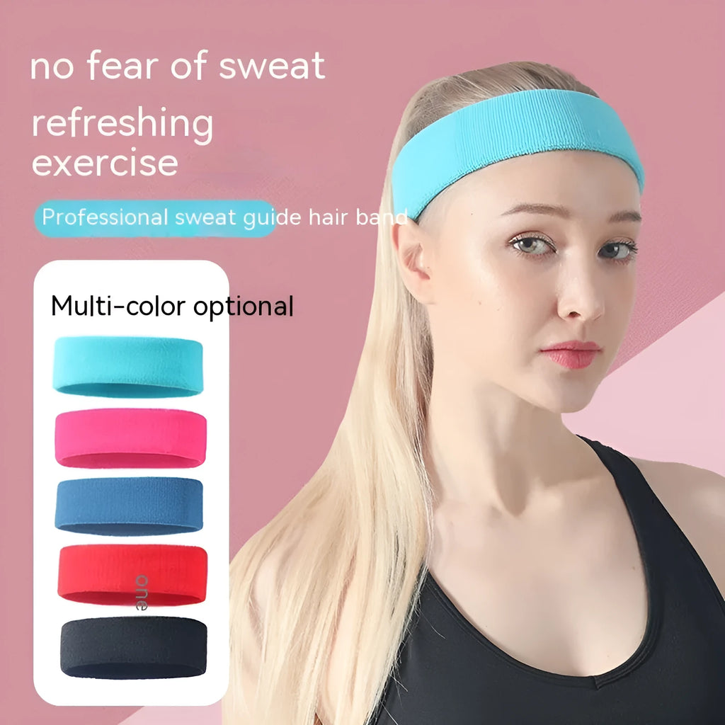 Elastic solid colour sports anti sweat headband shown in blue, red, black, rose red, and sky blue.