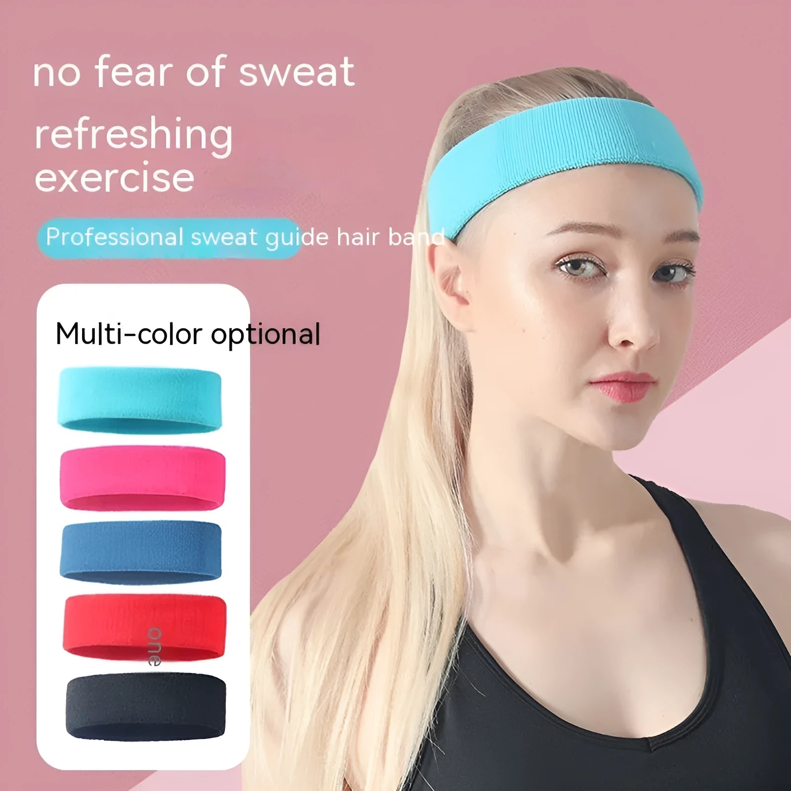 Elastic solid colour sports anti sweat headband shown in blue, red, black, rose red, and sky blue.