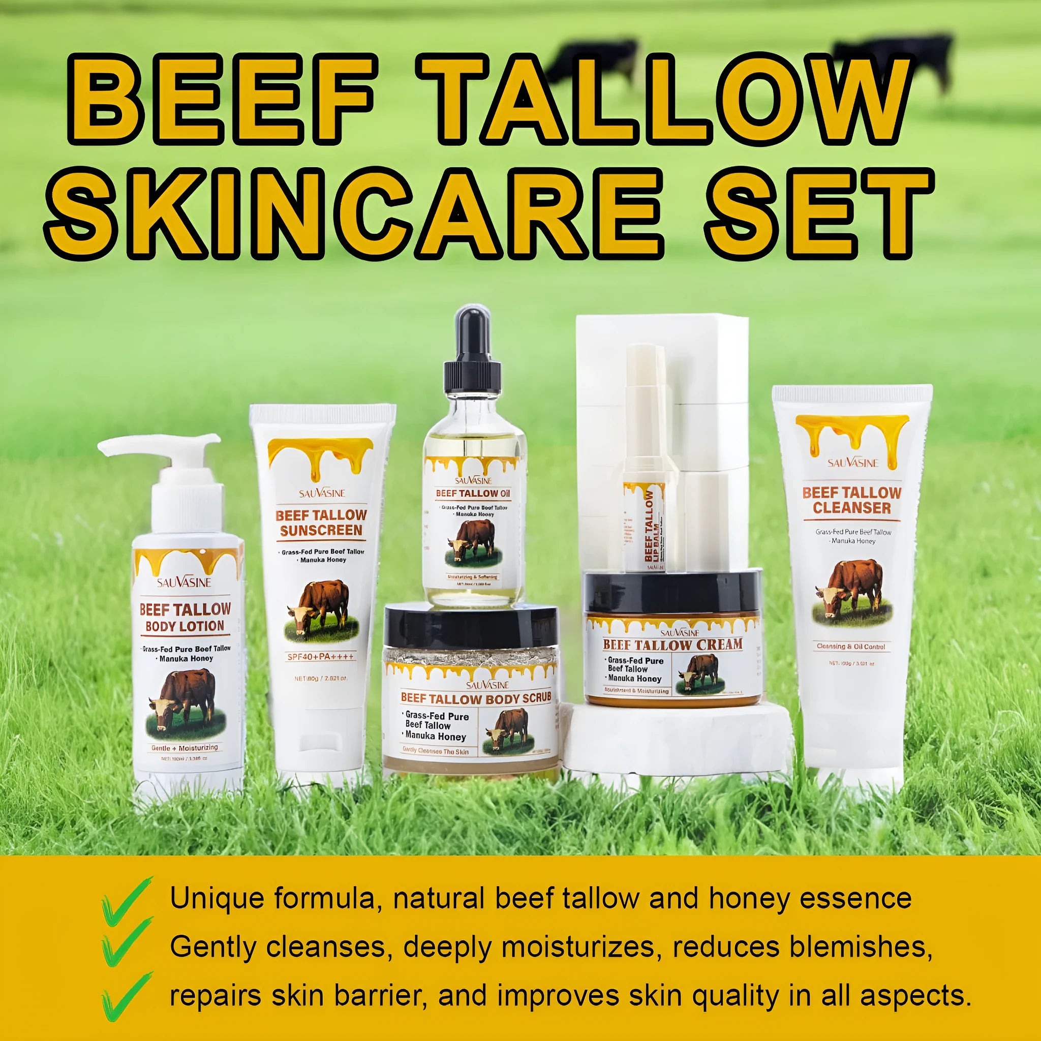 Butter honey seven-piece facial care set with cleanser, cream, lipstick, lotion, scrub and beef fat products