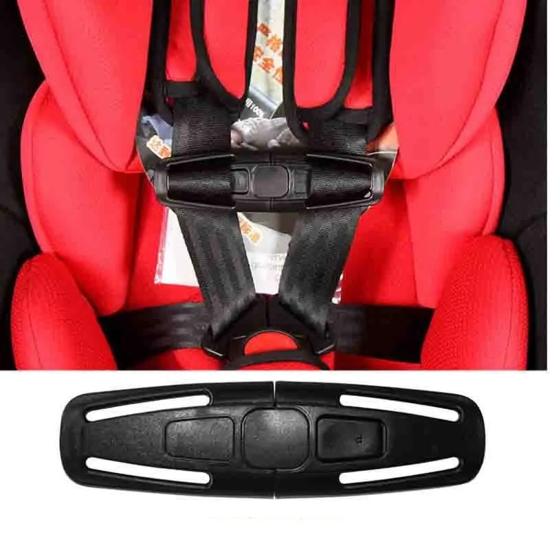 Black nylon child car seat belt buckle clip for 5-point harness, measuring 14.5 by 4 centimetres.