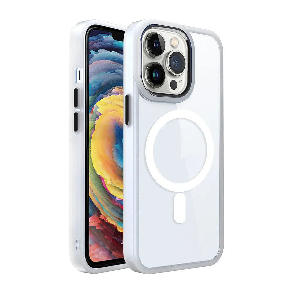 Transparent magnetic silicone phone case for iPhone on a table, showing solid colour edges.