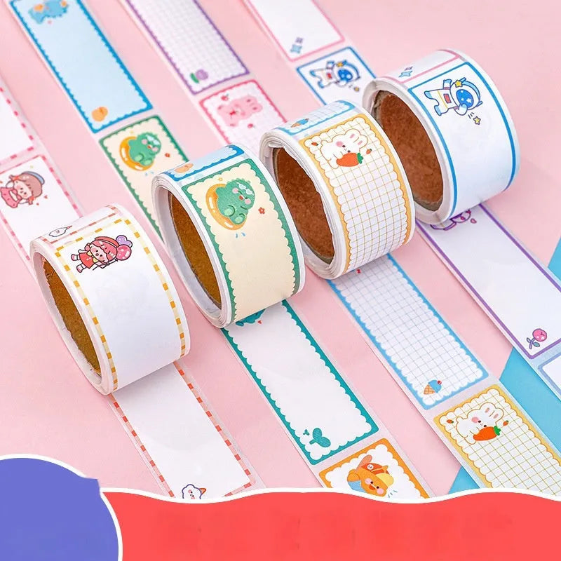 Roll of colourful cartoon stickers showing dinosaur, astronaut, rabbit, and girl design options for labelling.