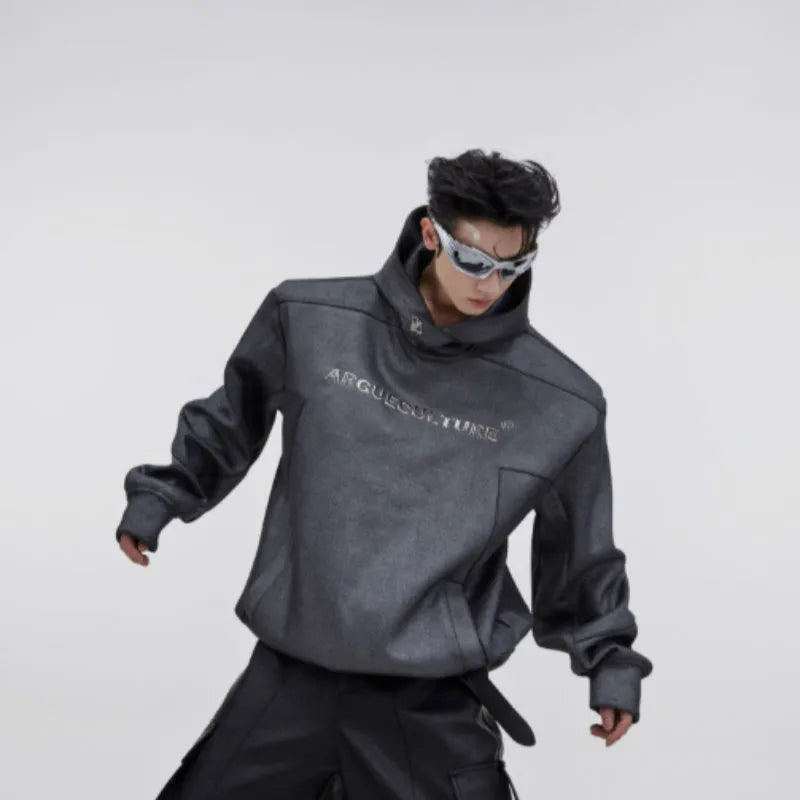 Red men's hooded sweater with heavy shoulder pads and 3D printing detail on a loose fit.