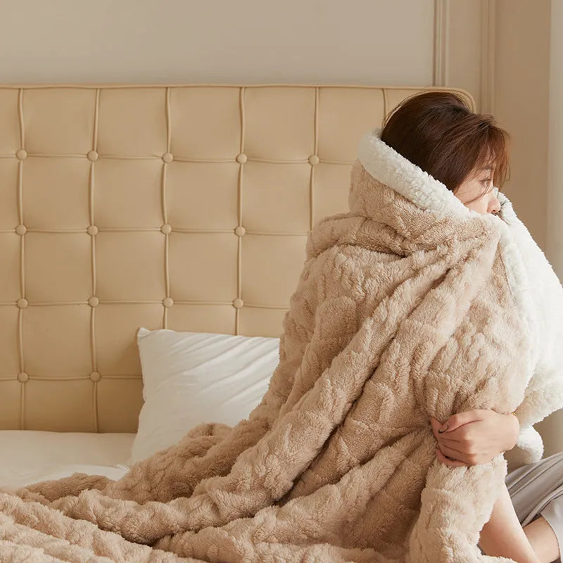 Polyester thermal flannel winter blanket in beige colour, laid flat showing its 180x200cm size and textured fabric.