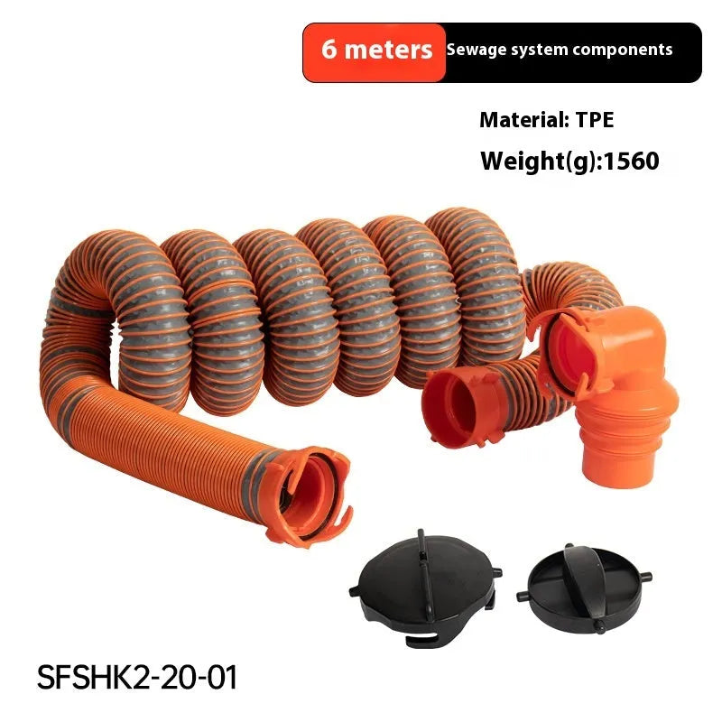 90-degree grey rotary elbow joint connector for a caravan sewage hose with extended polypropylene hose.